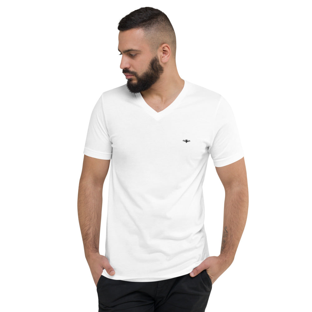 Mens Short Sleeve V-Neck T-Shirt White ( Black logo )