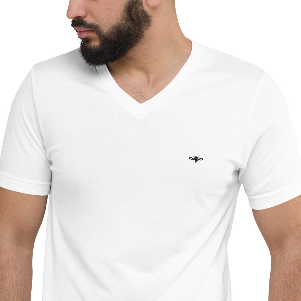 Mens Short Sleeve V-Neck T-Shirt White ( Black logo )